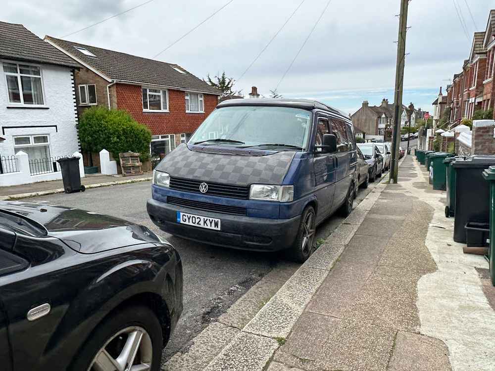 Photograph of GY02 KYW - a Blue Volkswagen Transporter camper van parked in Hollingdean by a non-resident. The nineteenth of twenty-five photographs supplied by the residents of Hollingdean.