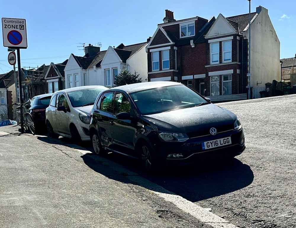 Photograph of GY16 LGG - a Black Volkswagen Polo parked in Hollingdean by a non-resident. The sixth of fourteen photographs supplied by the residents of Hollingdean.