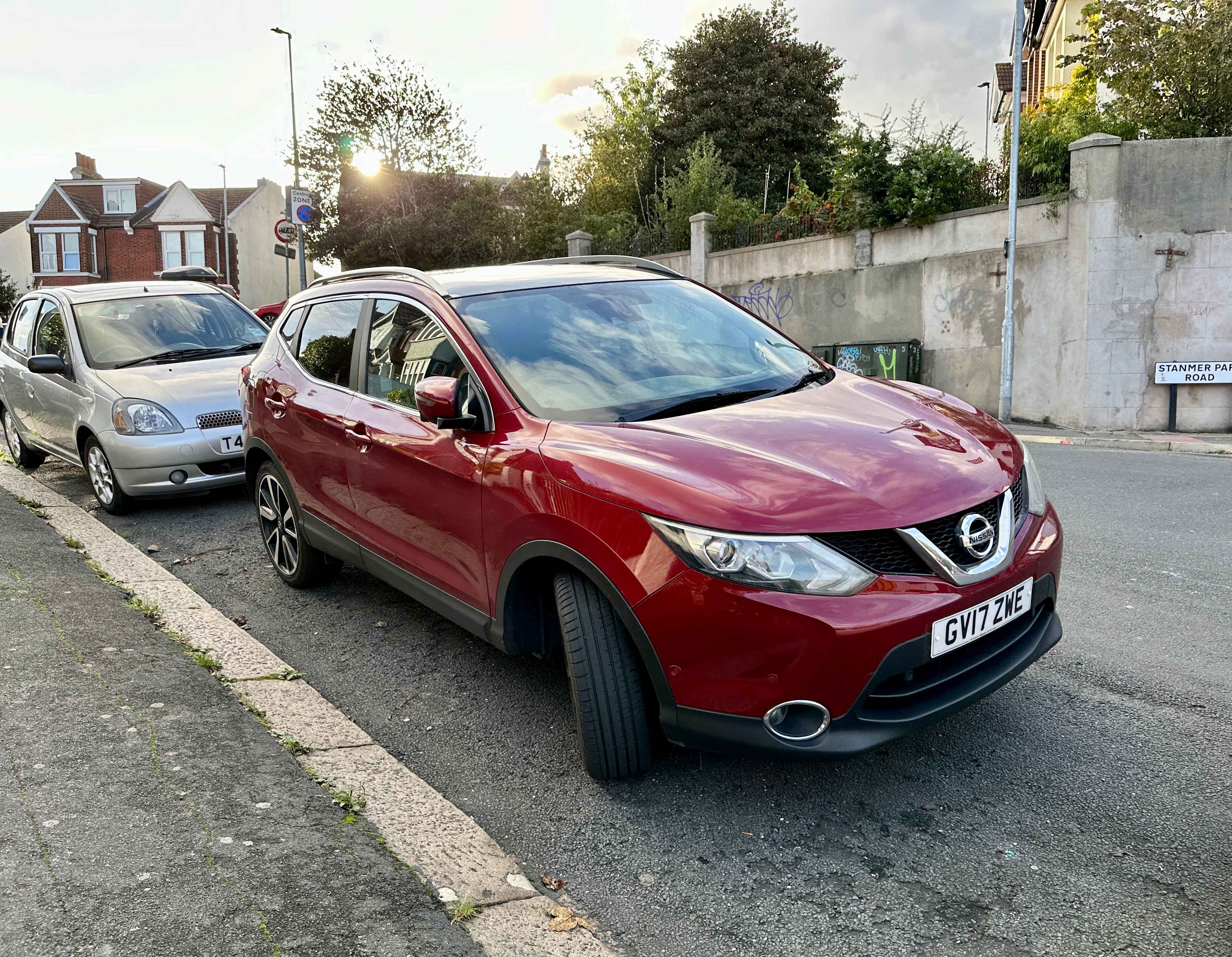 Photograph of GV17 ZWE - a Red Nissan Qashqai parked in Hollingdean by a non-resident. The first of four photographs supplied by the residents of Hollingdean.