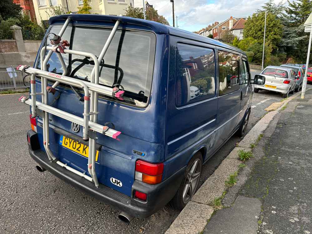 Photograph of GY02 KYW - a Blue Volkswagen Transporter camper van parked in Hollingdean by a non-resident. The fourteenth of twenty-one photographs supplied by the residents of Hollingdean.