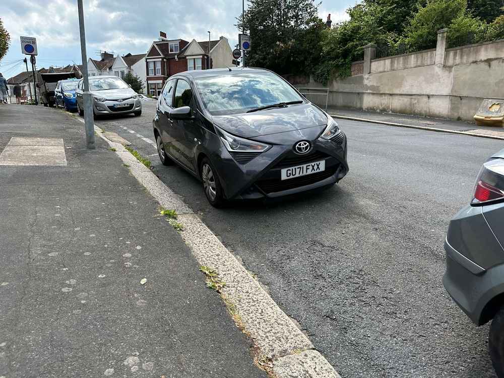 Photograph of GU71 FXX - a Grey Toyota Aygo parked in Hollingdean by a non-resident who uses the local area as part of their Brighton commute. The third of nine photographs supplied by the residents of Hollingdean.