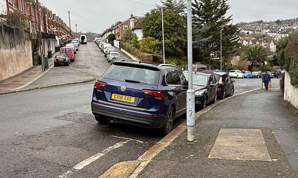 Photograph of GX18 XAE - a Blue Volkswagen Tiguan parked in Hollingdean by a non-resident who uses the local area as part of their Brighton commute. The eighth of nineteen photographs supplied by the residents of Hollingdean.