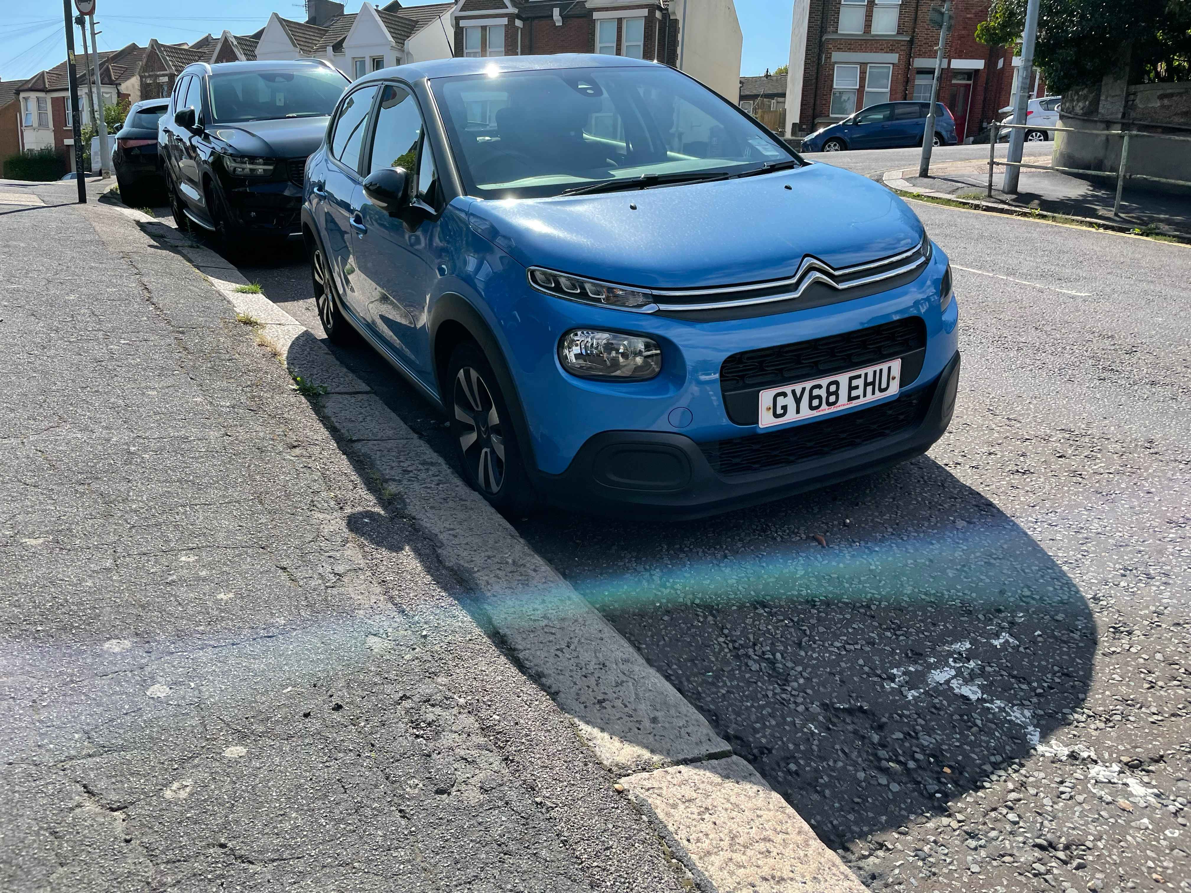 Photograph of GY68 EHU - a Blue Citroen C3 parked in Hollingdean by a non-resident who uses the local area as part of their Brighton commute. The first of twelve photographs supplied by the residents of Hollingdean.