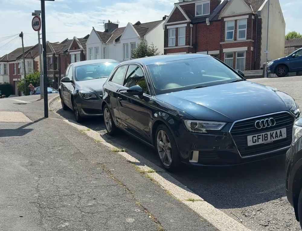 Photograph of GF18 KAA - a Blue Audi A3 parked in Hollingdean by a non-resident. The first of two photographs supplied by the residents of Hollingdean.