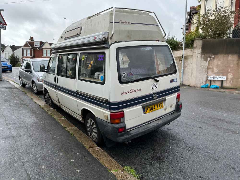 Photograph of P344 XAD - a Beige Volkswagen Transporter camper van parked in Hollingdean by a non-resident. The first of eight photographs supplied by the residents of Hollingdean.