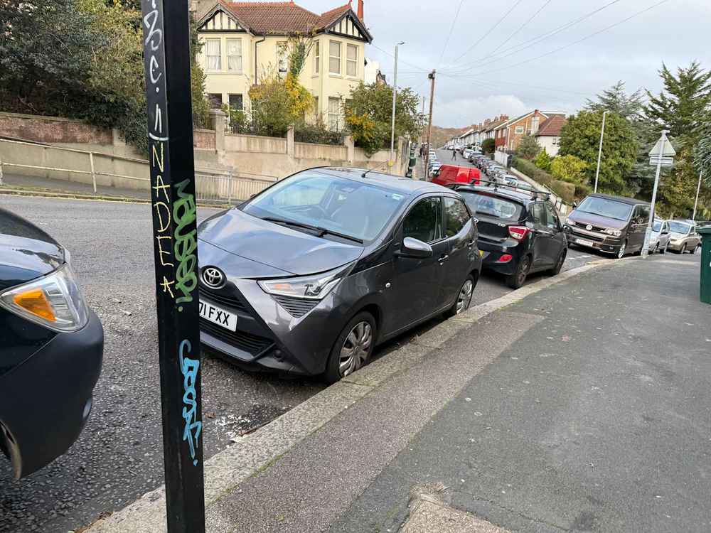 Photograph of GU71 FXX - a Grey Toyota Aygo parked in Hollingdean by a non-resident who uses the local area as part of their Brighton commute. The seventh of nine photographs supplied by the residents of Hollingdean.