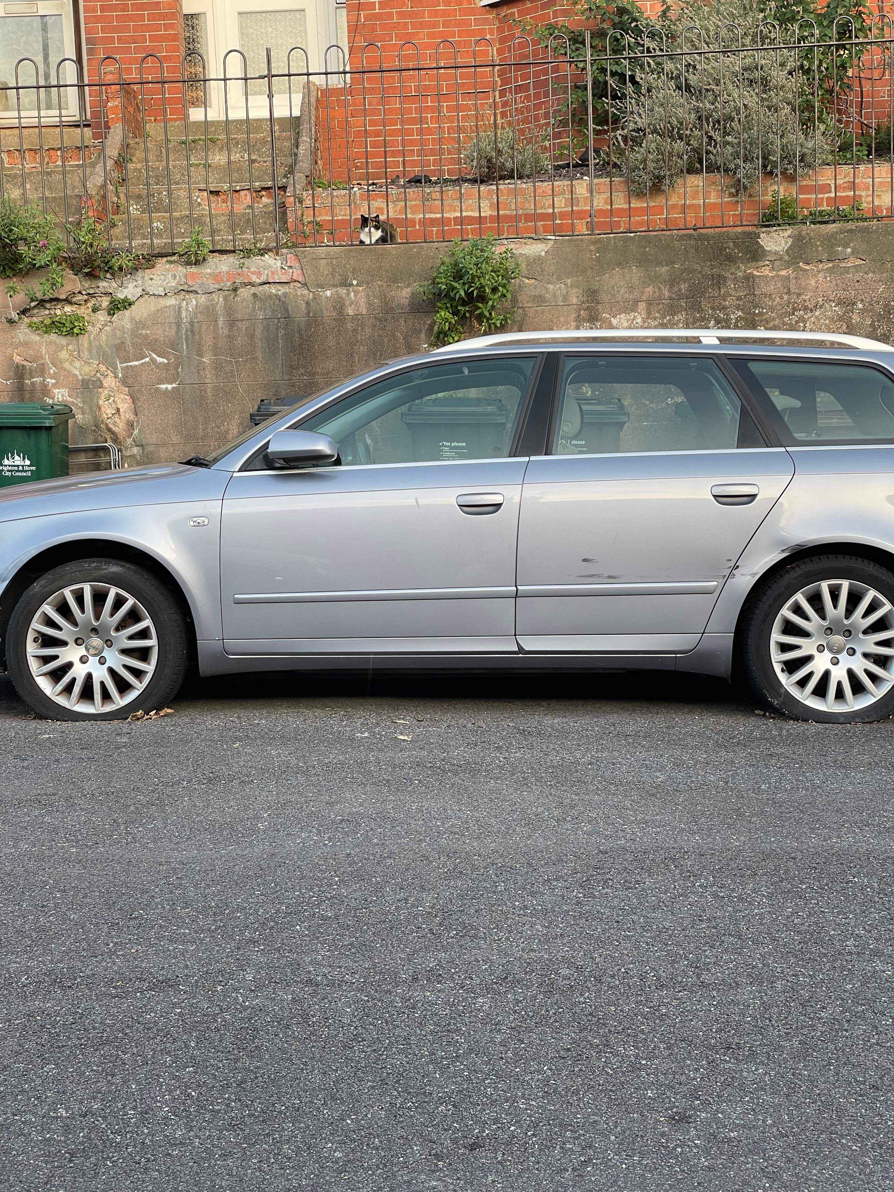 Photograph of FP55 XDV - a Silver Audi A4 parked in Hollingdean by a non-resident, and potentially abandoned. The second of two photographs supplied by the residents of Hollingdean.