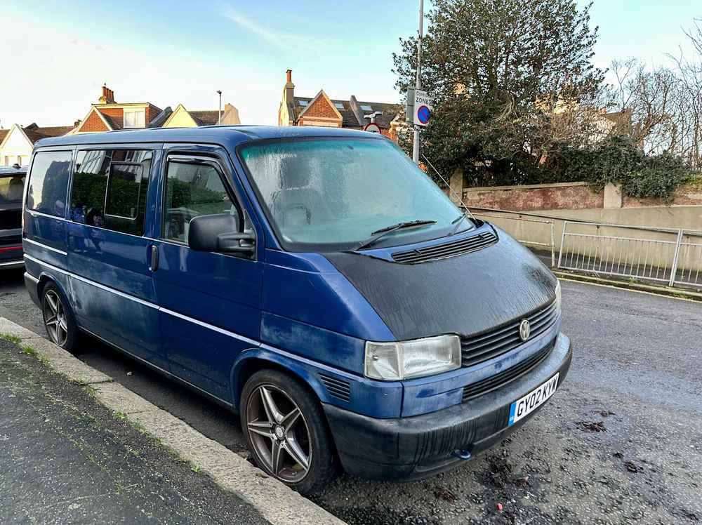 Photograph of GY02 KYW - a Blue Volkswagen Transporter camper van parked in Hollingdean by a non-resident. The sixteenth of twenty-five photographs supplied by the residents of Hollingdean.