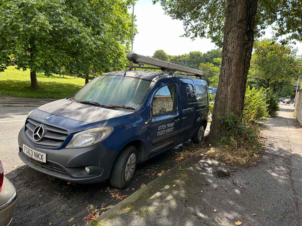 Photograph of FG63 NKX - a blue Mercedes Citan parked in Hollingdean by a non-resident, and potentially abandoned. The second of two photographs supplied by the residents of Hollingdean.