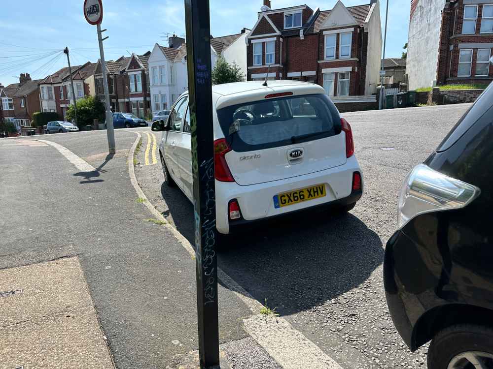 Photograph of GY66 XHV - a White Kia Picanto parked in Hollingdean by a non-resident. The second of five photographs supplied by the residents of Hollingdean.