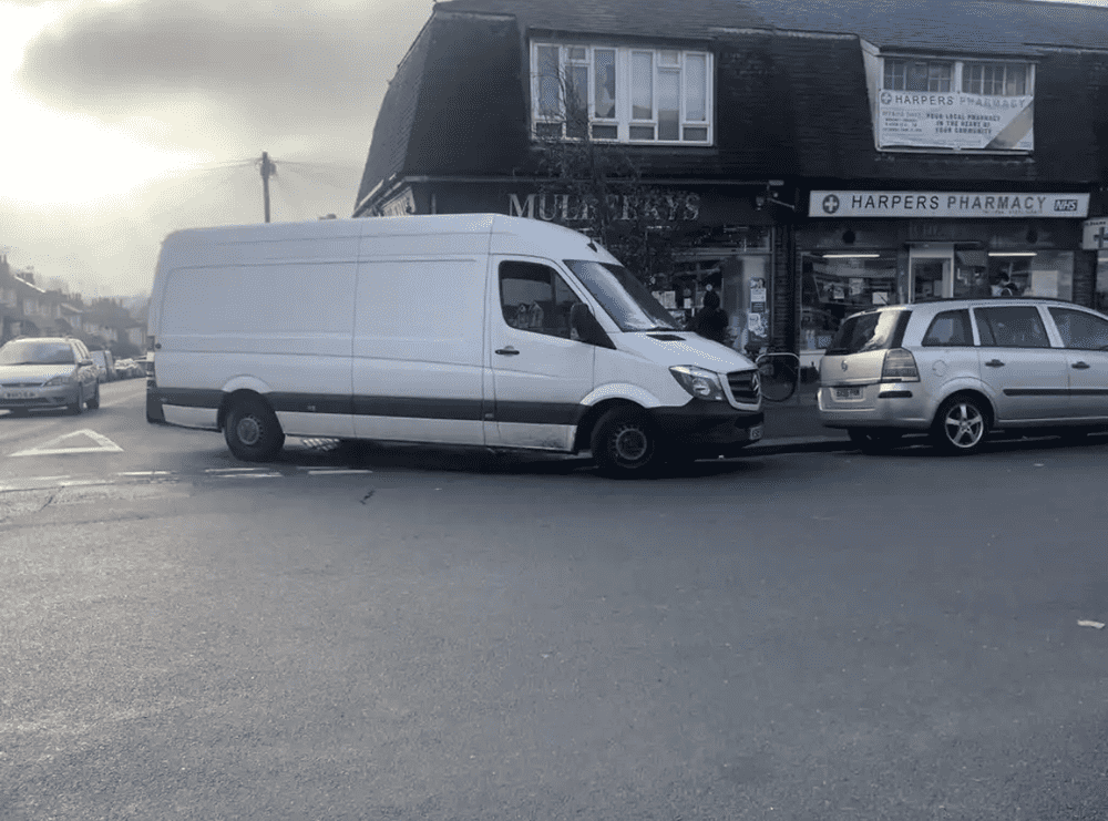 Photograph of KS15 NZE - a White Mercedes Sprinter parked in Hollingdean by a non-resident. The third of five photographs supplied by the residents of Hollingdean.