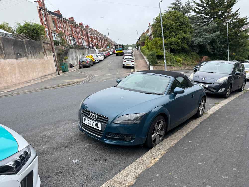 Photograph of WJ58 CWU - a Blue Audi TT parked in Hollingdean by a non-resident who uses the local area as part of their Brighton commute. The first of two photographs supplied by the residents of Hollingdean.