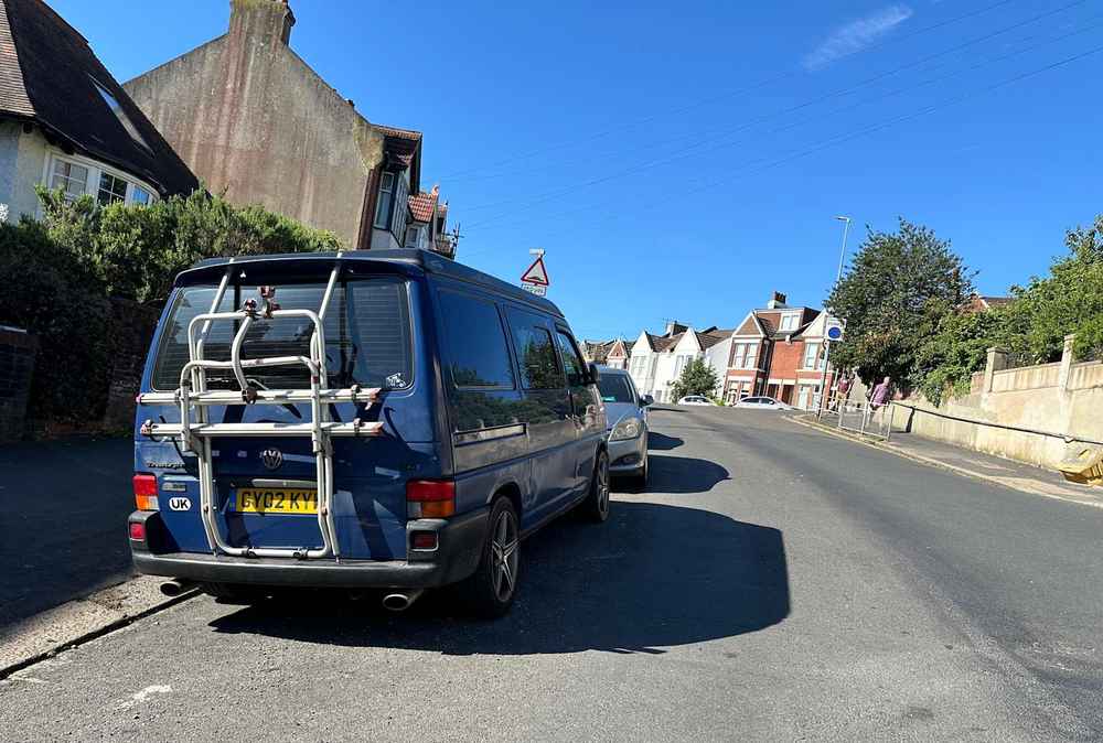 Photograph of GY02 KYW - a Blue Volkswagen Transporter camper van parked in Hollingdean by a non-resident. The twentieth of twenty-five photographs supplied by the residents of Hollingdean.