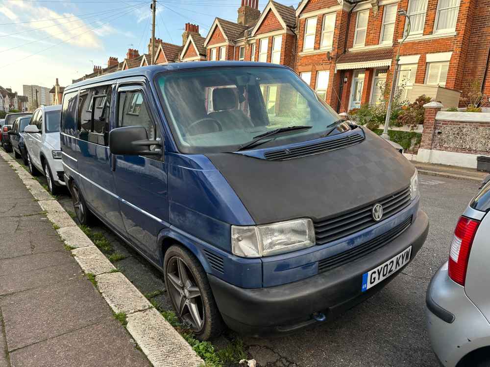 Photograph of GY02 KYW - a Blue Volkswagen Transporter camper van parked in Hollingdean by a non-resident. The second of twenty-one photographs supplied by the residents of Hollingdean.