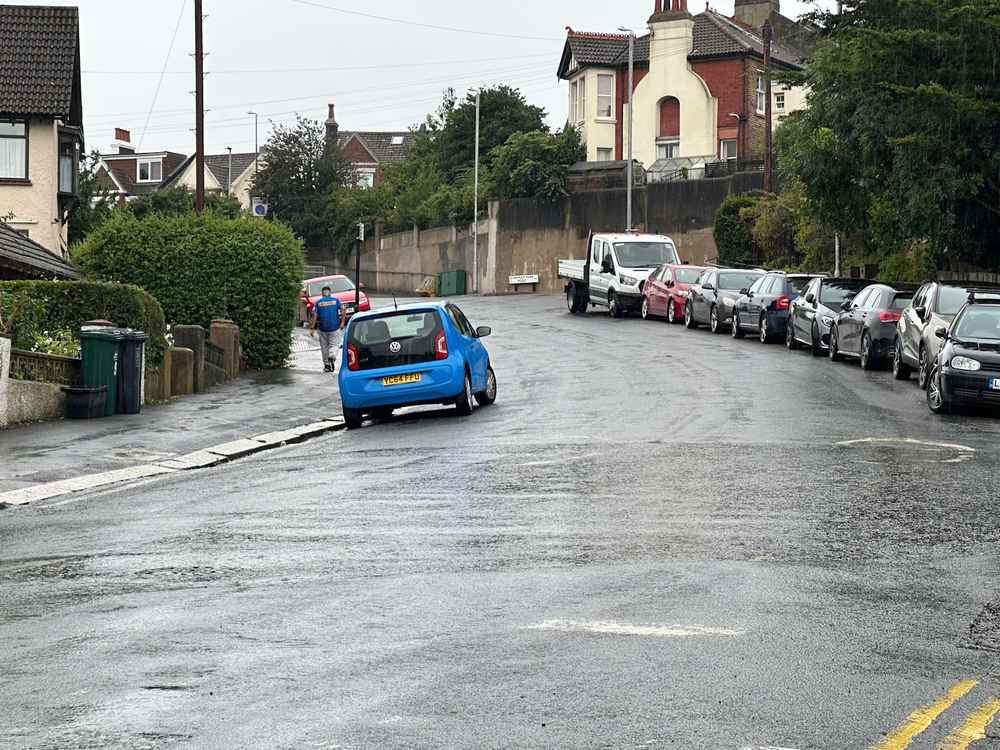 Photograph of YC64 FUU - a Blue VOlkswagen Up parked in Hollingdean by a non-resident. The fourth of seven photographs supplied by the residents of Hollingdean.
