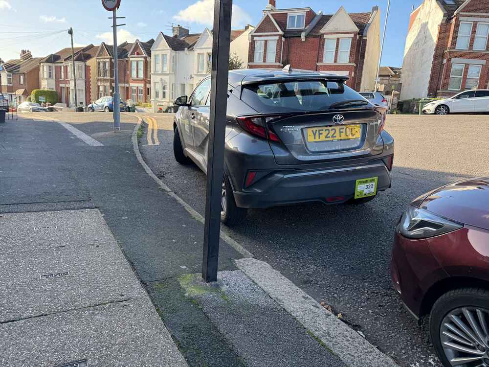 Photograph of YF22 FOC - a Grey Toyota C-HR taxi parked in Hollingdean by a non-resident. The second of nine photographs supplied by the residents of Hollingdean.