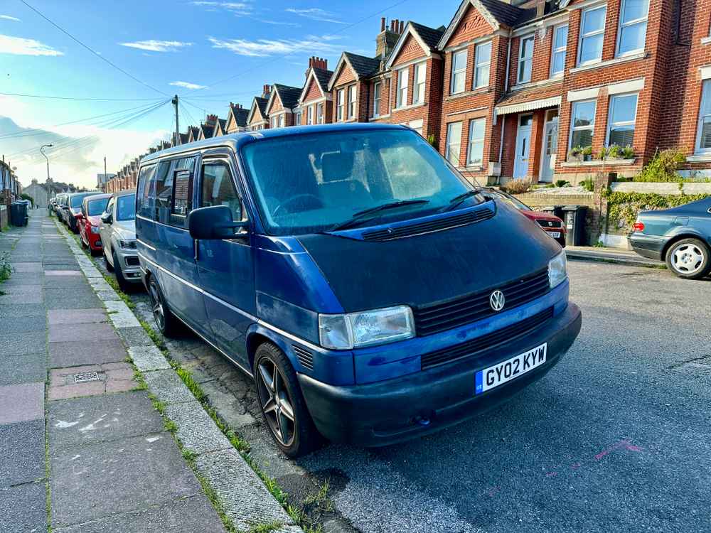 Photograph of GY02 KYW - a Blue Volkswagen Transporter camper van parked in Hollingdean by a non-resident. The eighteenth of twenty-one photographs supplied by the residents of Hollingdean.