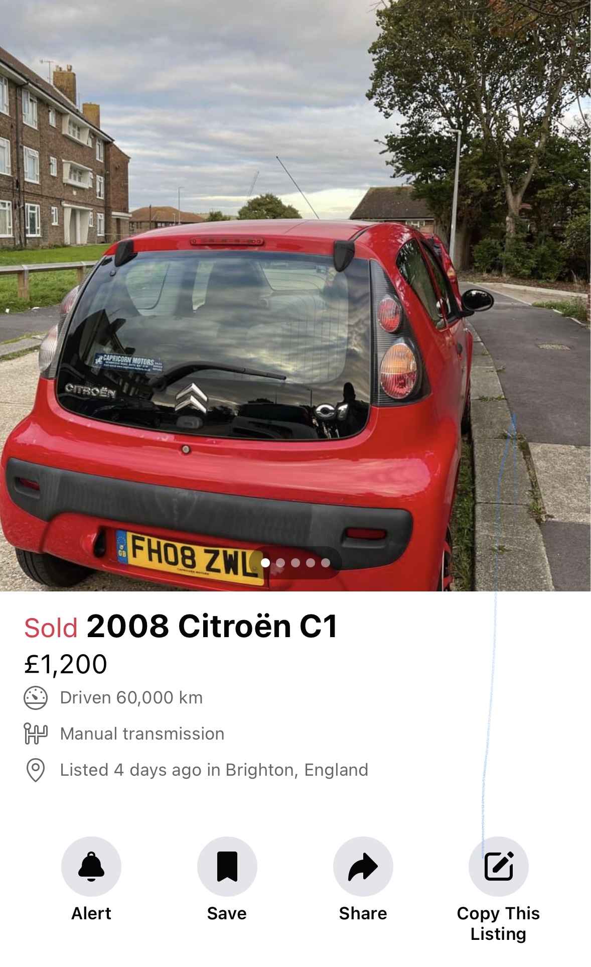 Photograph of FH08 ZWL - a Red Citroen C1 parked in Hollingdean by a non-resident and stored here whilst a dodgy car dealer attempts to sell it. The first of five photographs supplied by the residents of Hollingdean.