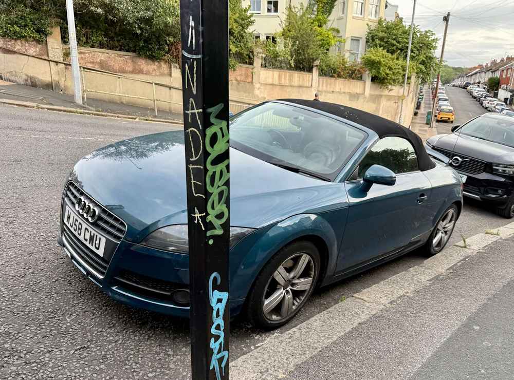 Photograph of WJ58 CWU - a Blue Audi TT parked in Hollingdean by a non-resident who uses the local area as part of their Brighton commute. The third of five photographs supplied by the residents of Hollingdean.