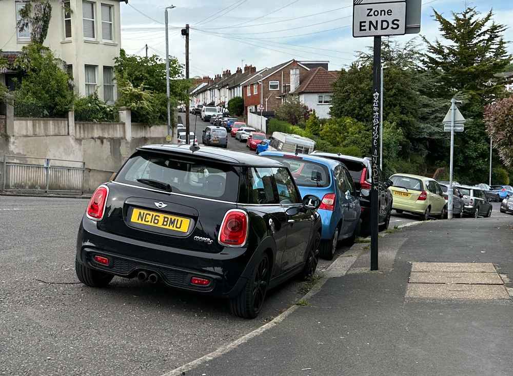 Photograph of NC16 BMU - a Black Mini Cooper parked in Hollingdean by a non-resident who uses the local area as part of their Brighton commute. The fifth of thirteen photographs supplied by the residents of Hollingdean.