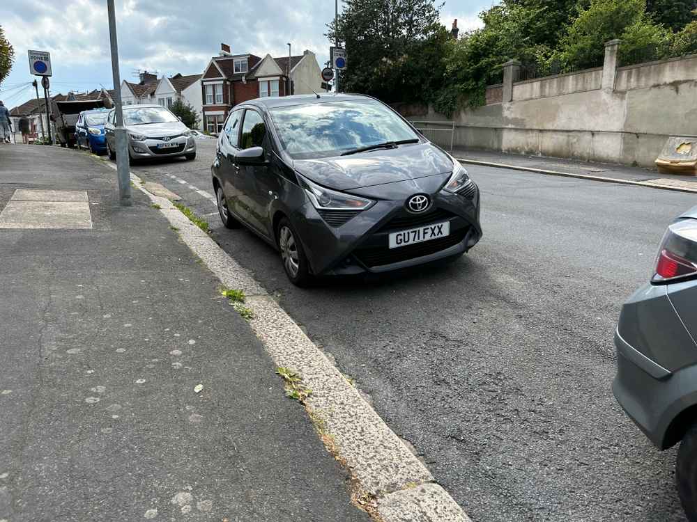 Photograph of GU71 FXX - a Grey Toyota Aygo parked in Hollingdean by a non-resident who uses the local area as part of their Brighton commute. The third of six photographs supplied by the residents of Hollingdean.