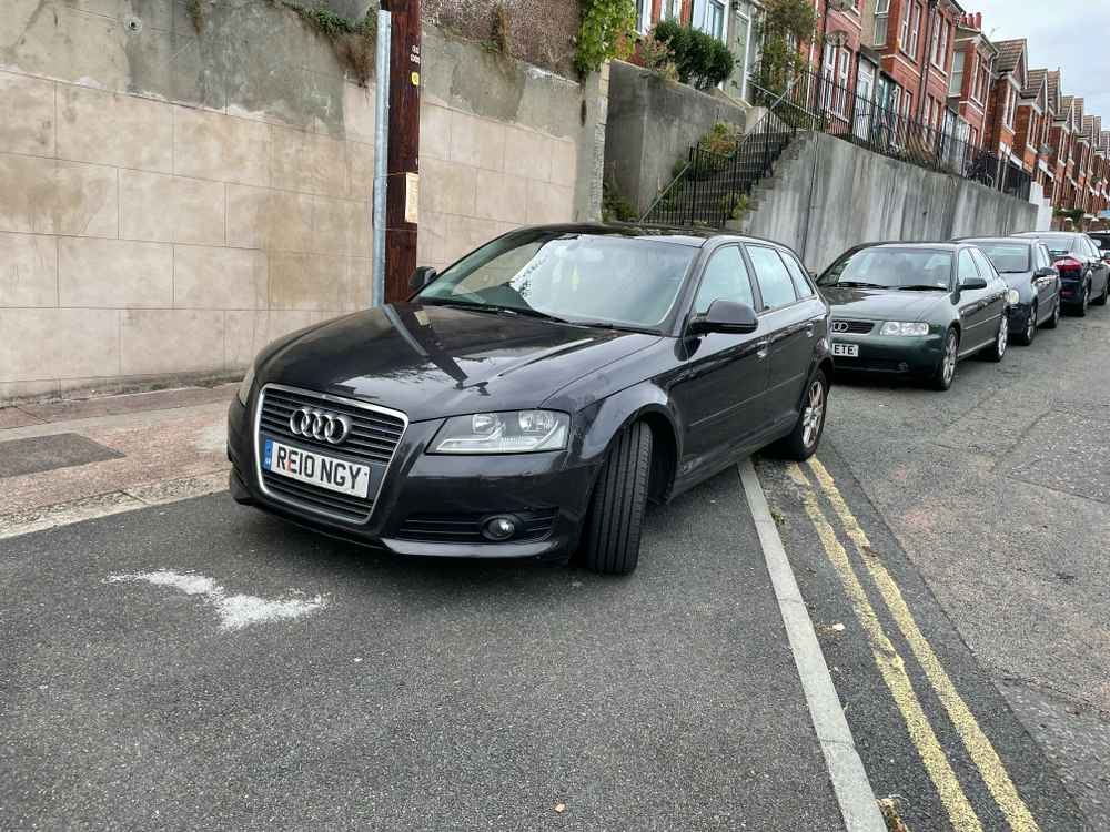 Photograph of RE10 NGY - a Black Audi A3 parked in Hollingdean by a non-resident who uses the local area as part of their Brighton commute. The second of four photographs supplied by the residents of Hollingdean.