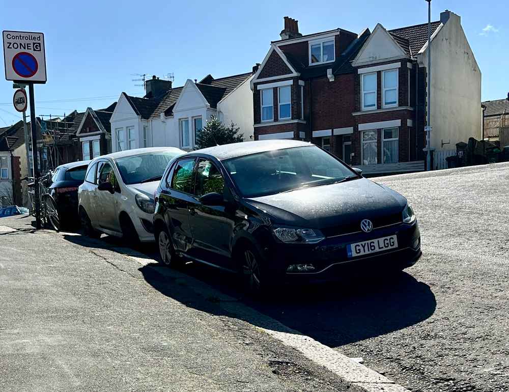 Photograph of GY16 LGG - a Black Volkswagen Polo parked in Hollingdean by a non-resident. The sixth of ten photographs supplied by the residents of Hollingdean.