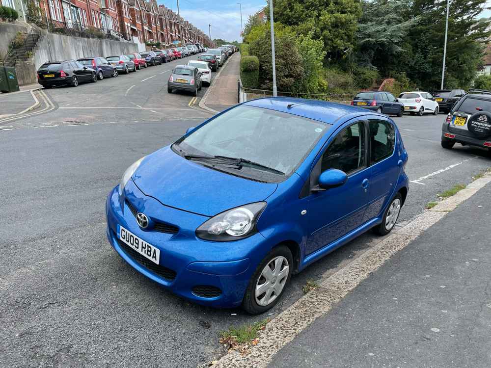 Photograph of GU09 HBA - a Blue Toyota Aygo parked in Hollingdean by a non-resident who uses the local area as part of their Brighton commute. The first of four photographs supplied by the residents of Hollingdean.