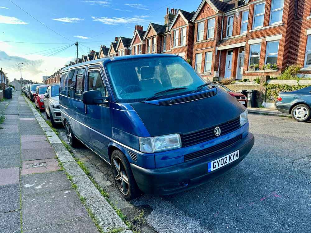 Photograph of GY02 KYW - a Blue Volkswagen Transporter camper van parked in Hollingdean by a non-resident. The eighteenth of twenty-five photographs supplied by the residents of Hollingdean.