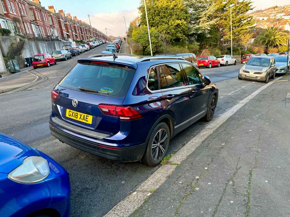 Photograph of GX18 XAE - a Blue Volkswagen Tiguan parked in Hollingdean by a non-resident who uses the local area as part of their Brighton commute. The second of six photographs supplied by the residents of Hollingdean.