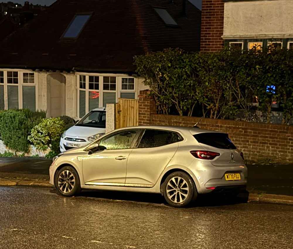 Photograph of MT70 FUJ - a Silver Renault Clio parked in Hollingdean by a non-resident. The seventh of eight photographs supplied by the residents of Hollingdean.