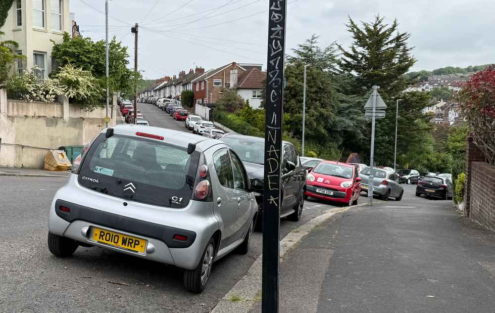 Photograph of RO10 WRP - a Silver Citroen C1 parked in Hollingdean by a non-resident. The second of two photographs supplied by the residents of Hollingdean.