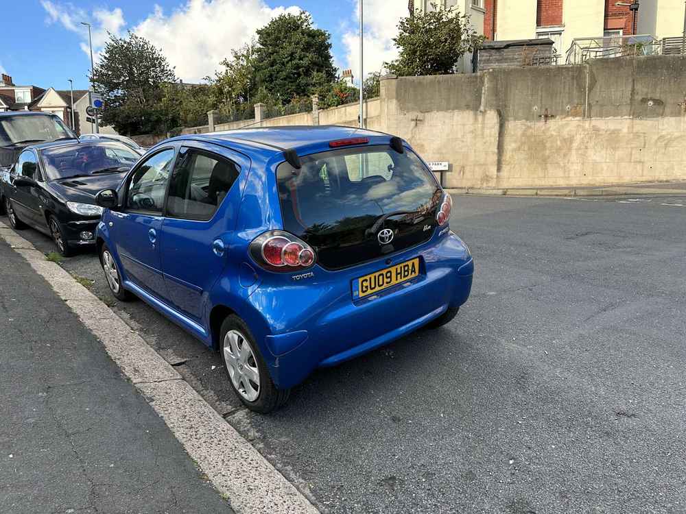 Photograph of GU09 HBA - a Blue Toyota Aygo parked in Hollingdean by a non-resident who uses the local area as part of their Brighton commute. The third of four photographs supplied by the residents of Hollingdean.