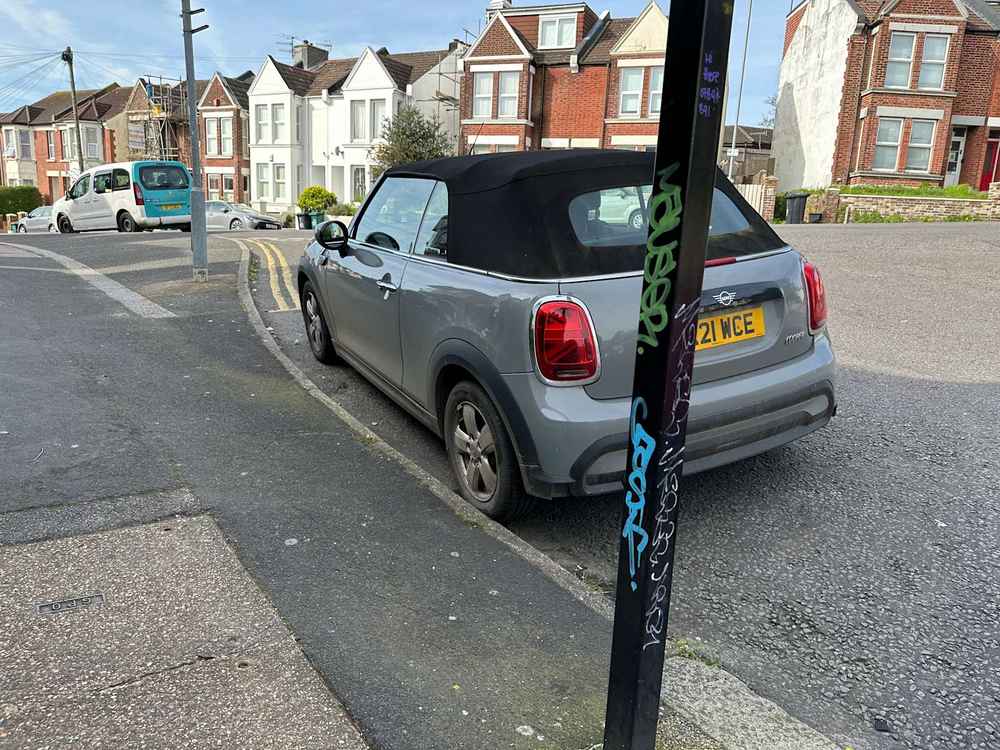 Photograph of HK21 WCE - a Grey Mini Cooper parked in Hollingdean by a non-resident. The second of two photographs supplied by the residents of Hollingdean.