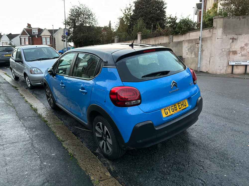 Photograph of GY68 EHU - a Blue Citroen C3 parked in Hollingdean by a non-resident who uses the local area as part of their Brighton commute. The seventh of twelve photographs supplied by the residents of Hollingdean.