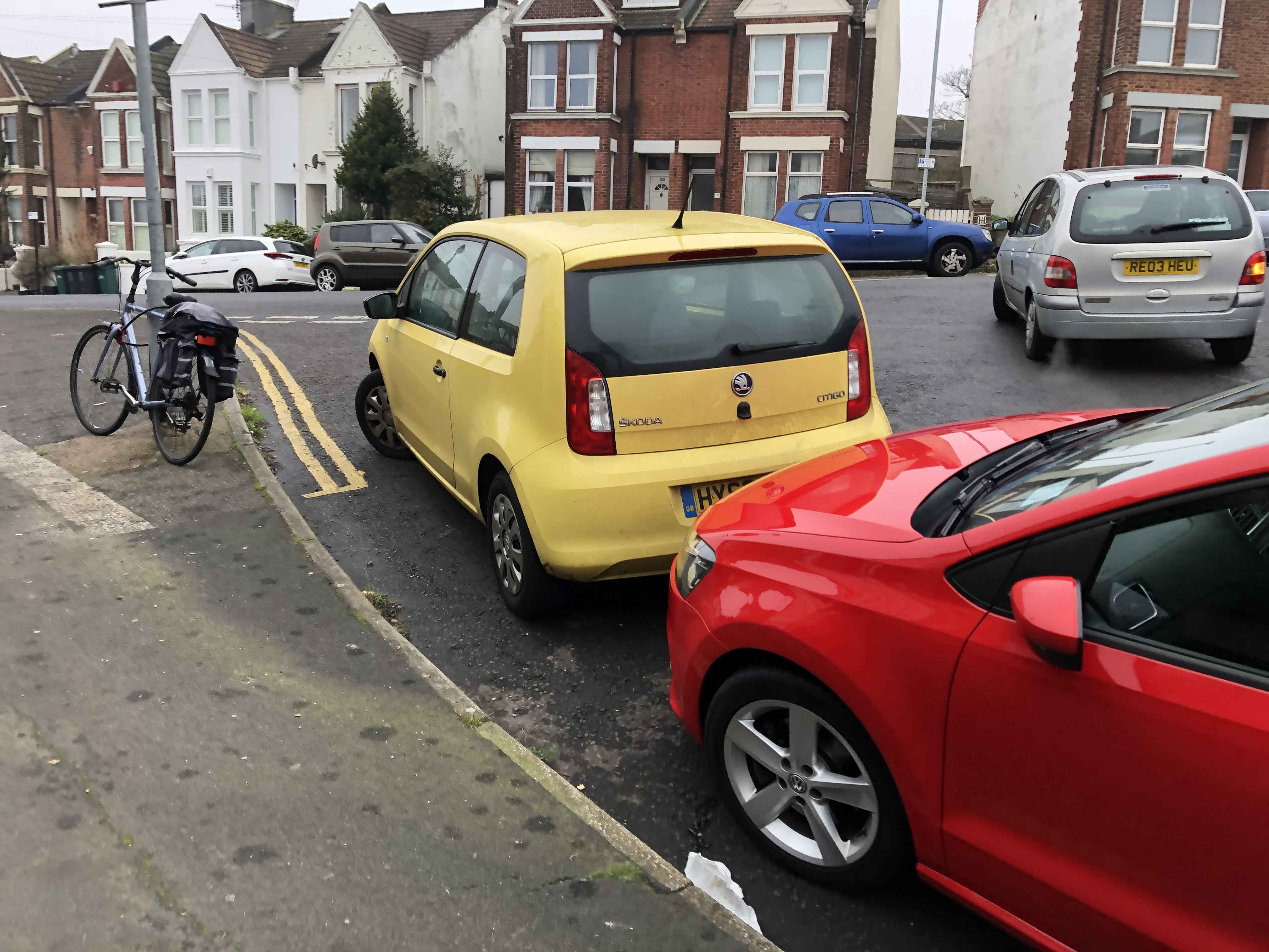 Photograph of HY63 NZU - a Yellow Skoda Citigo parked in Hollingdean by a non-resident. The fourth of four photographs supplied by the residents of Hollingdean.