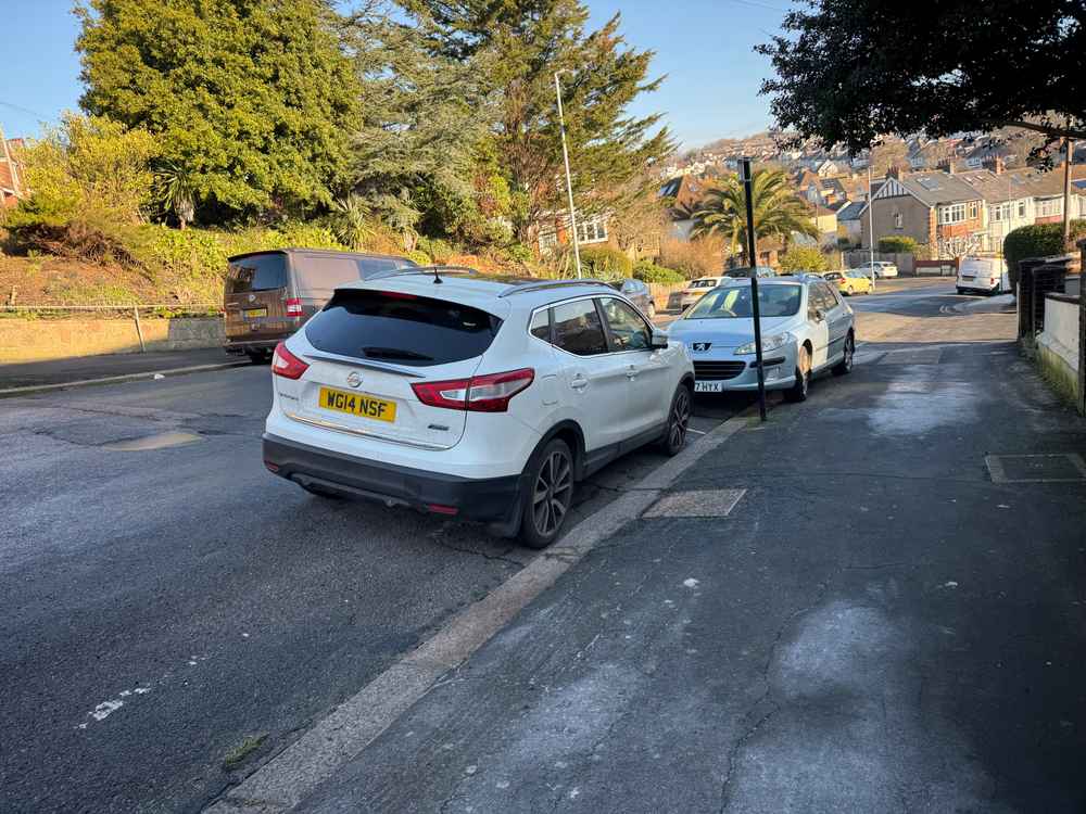 Photograph of WG14 NSF - a White Nissan Qasqai parked in Hollingdean by a non-resident who uses the local area as part of their Brighton commute. The fourth of five photographs supplied by the residents of Hollingdean.