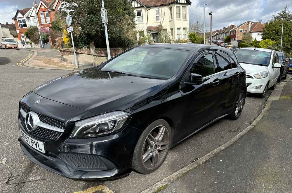 Photograph of BF67 PVL - a Black Mercedes A Class parked in Hollingdean by a non-resident. The third of four photographs supplied by the residents of Hollingdean.
