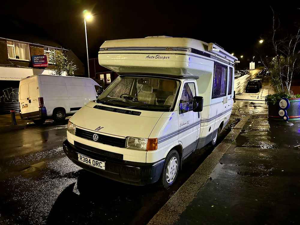 Photograph of R384 ORC - a Beige Volkswagen Transporter camper van parked in Hollingdean by a non-resident, and potentially abandoned. The eighth of fifteen photographs supplied by the residents of Hollingdean.