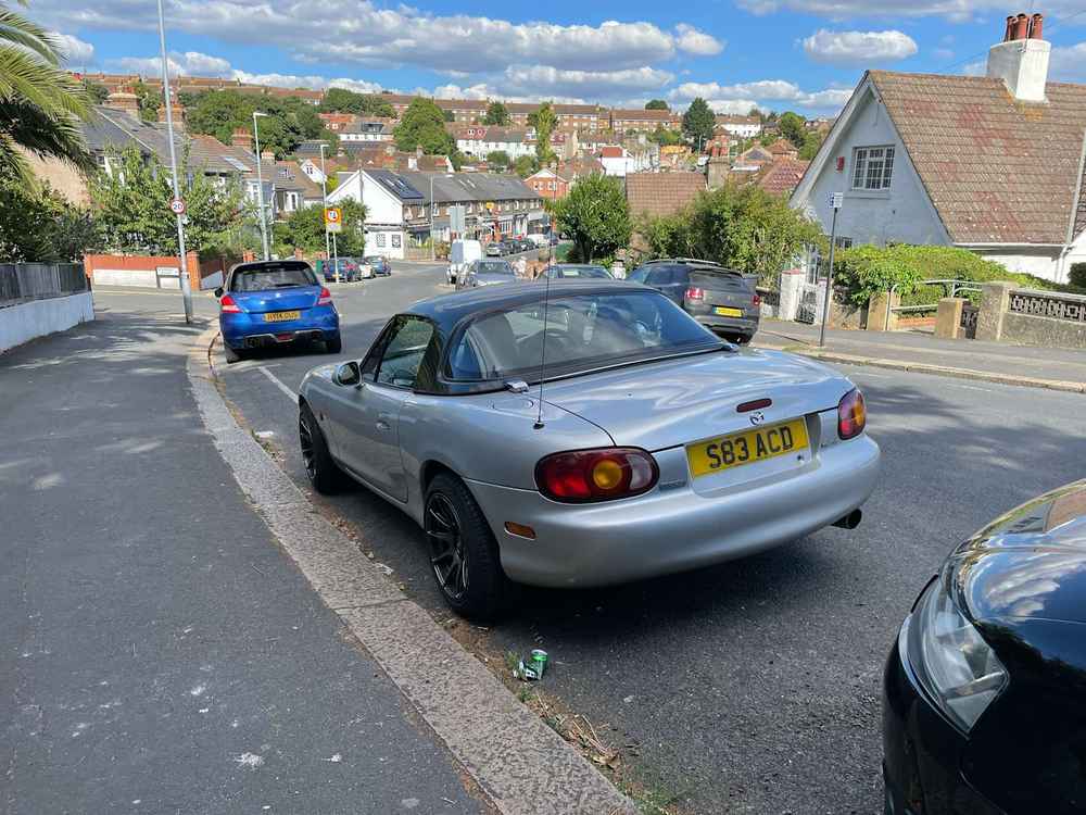 Photograph of S83 ACD - a Silver Mazda MX-5 parked in Hollingdean by a non-resident. The second of two photographs supplied by the residents of Hollingdean.