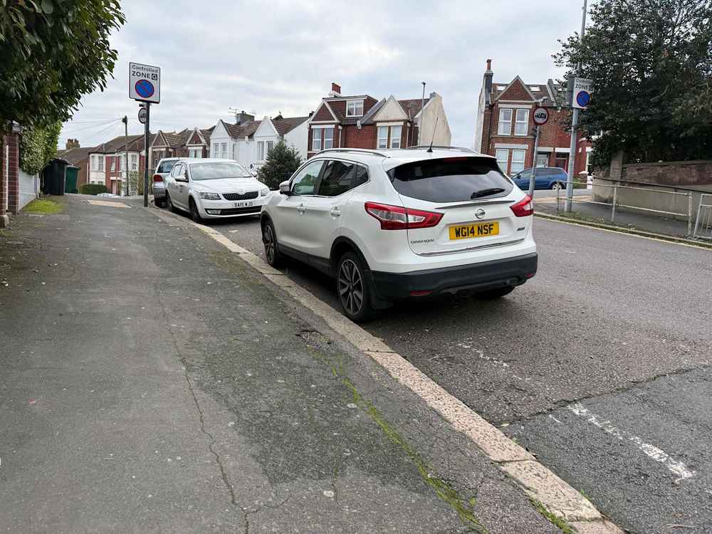 Photograph of WG14 NSF - a White Nissan Qashqai parked in Hollingdean by a non-resident who uses the local area as part of their Brighton commute. The second of twelve photographs supplied by the residents of Hollingdean.