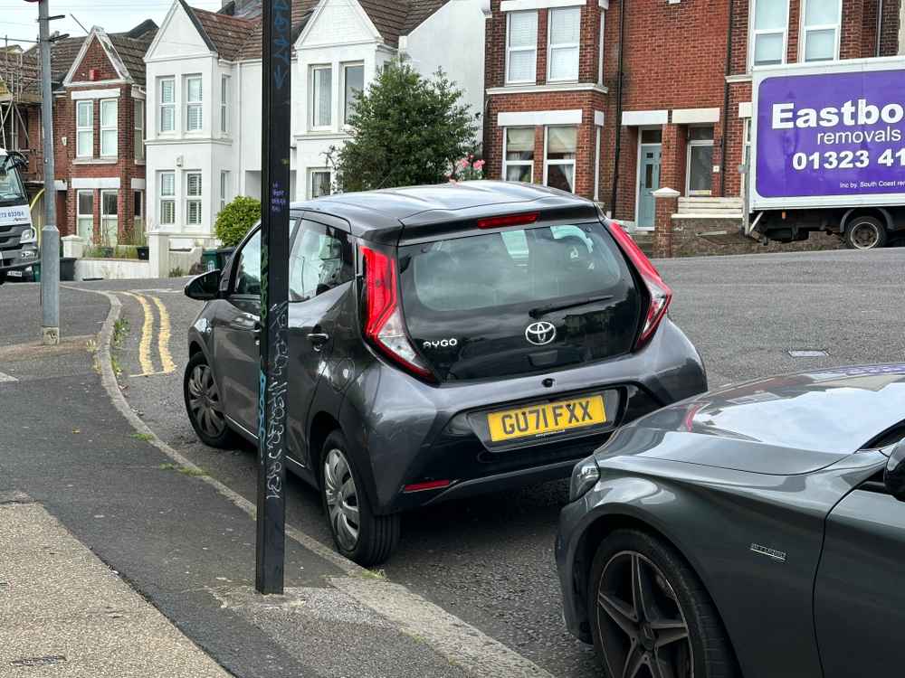 Photograph of GU71 FXX - a Grey Toyota Aygo parked in Hollingdean by a non-resident who uses the local area as part of their Brighton commute. The fifth of six photographs supplied by the residents of Hollingdean.