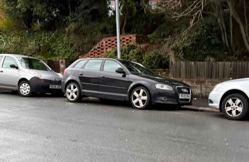 Photograph of RE09 DOU - a Black Audi A3 parked in Hollingdean by a non-resident who uses the local area as part of their Brighton commute. The eleventh of eleven photographs supplied by the residents of Hollingdean.