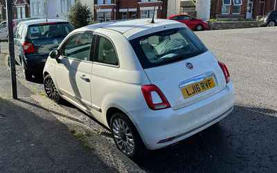 LJ16 RVF, a White Fiat 500 parked in Hollingdean