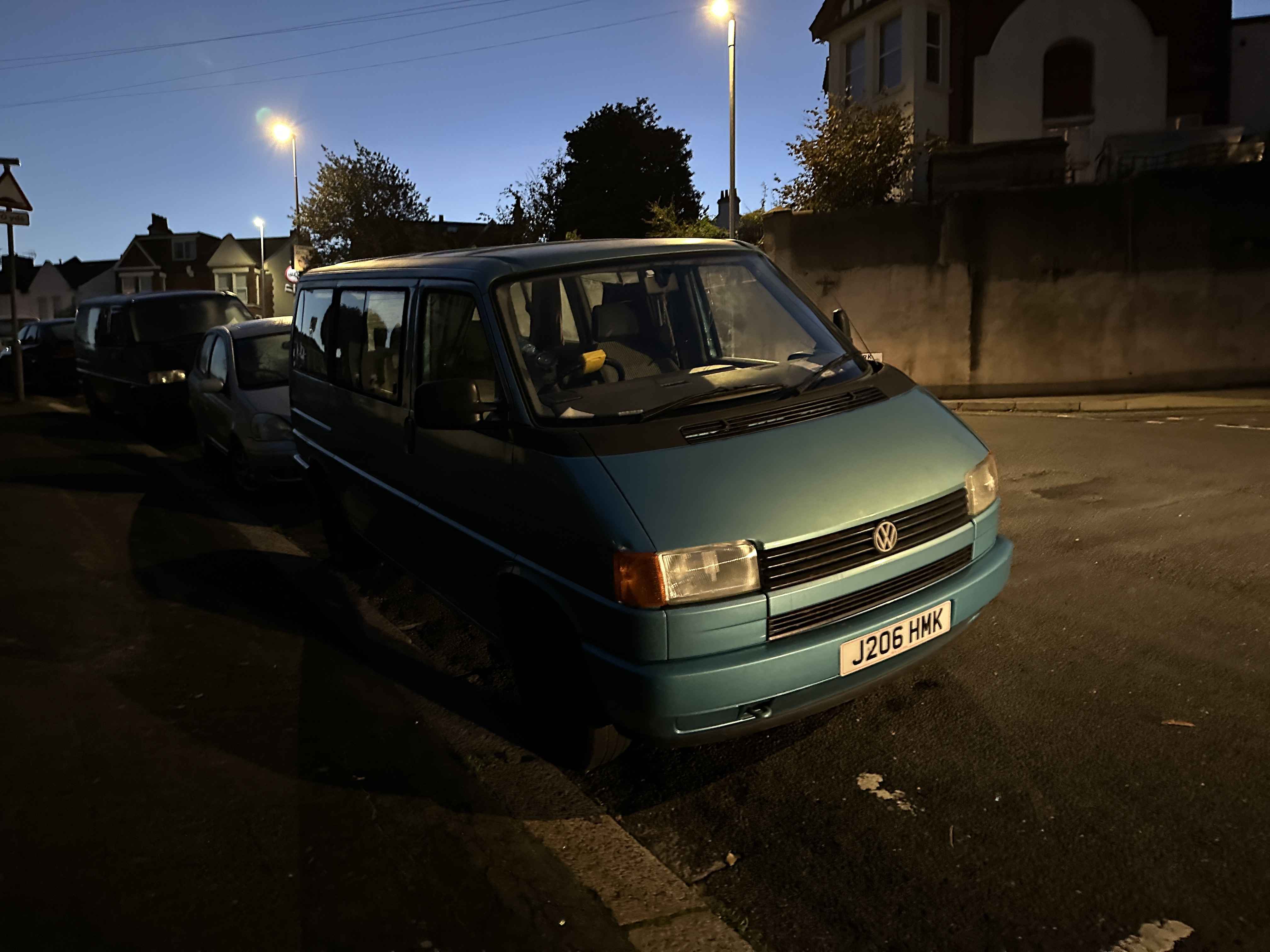 Photograph of J206 HMK - a Blue Volkswagen Transporter camper van parked in Hollingdean by a non-resident. The second of two photographs supplied by the residents of Hollingdean.