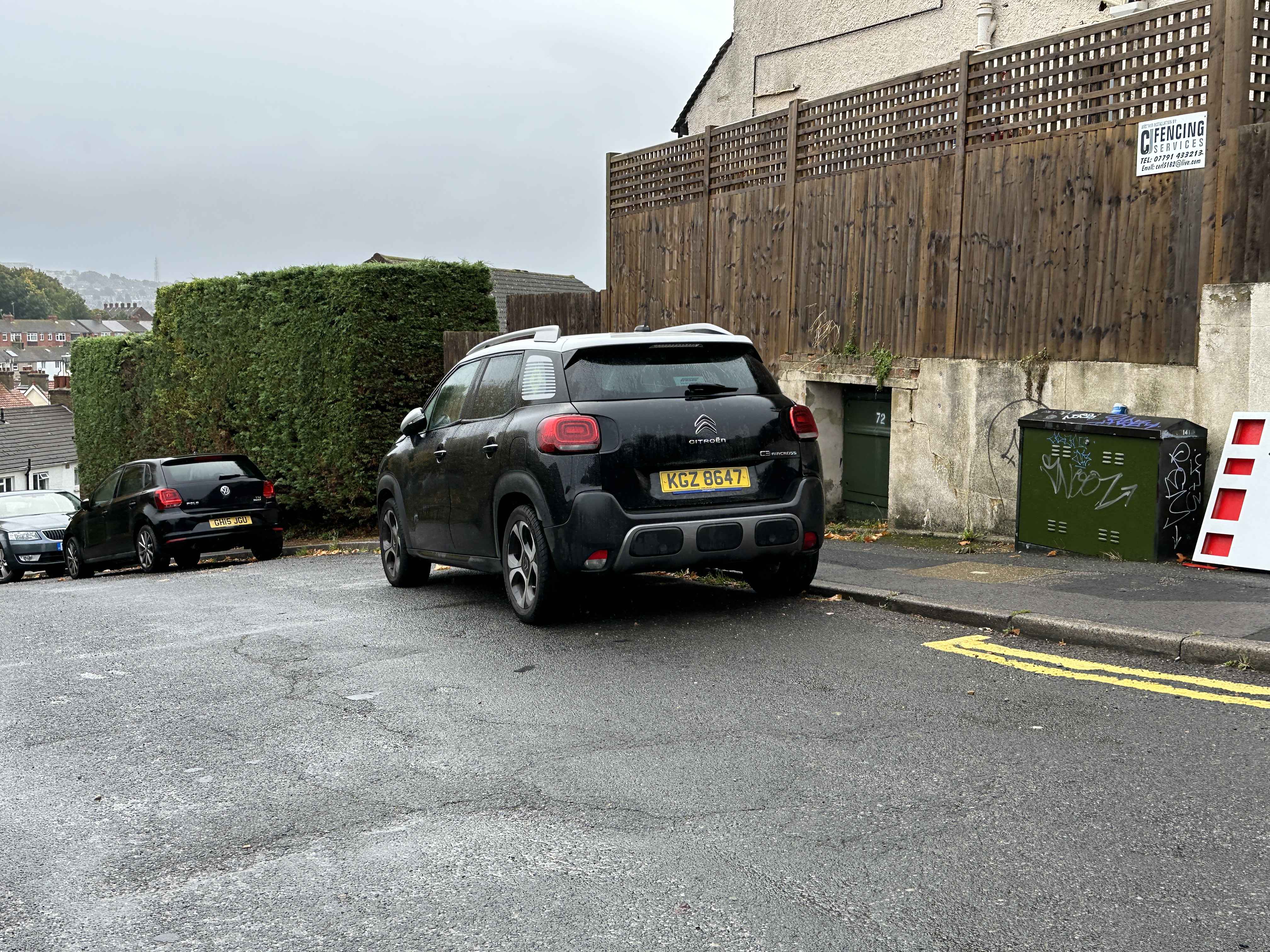 Photograph of KGZ 8647 - a Black Citroen C3 parked in Hollingdean by a non-resident who uses the local area as part of their Brighton commute. The second of five photographs supplied by the residents of Hollingdean.