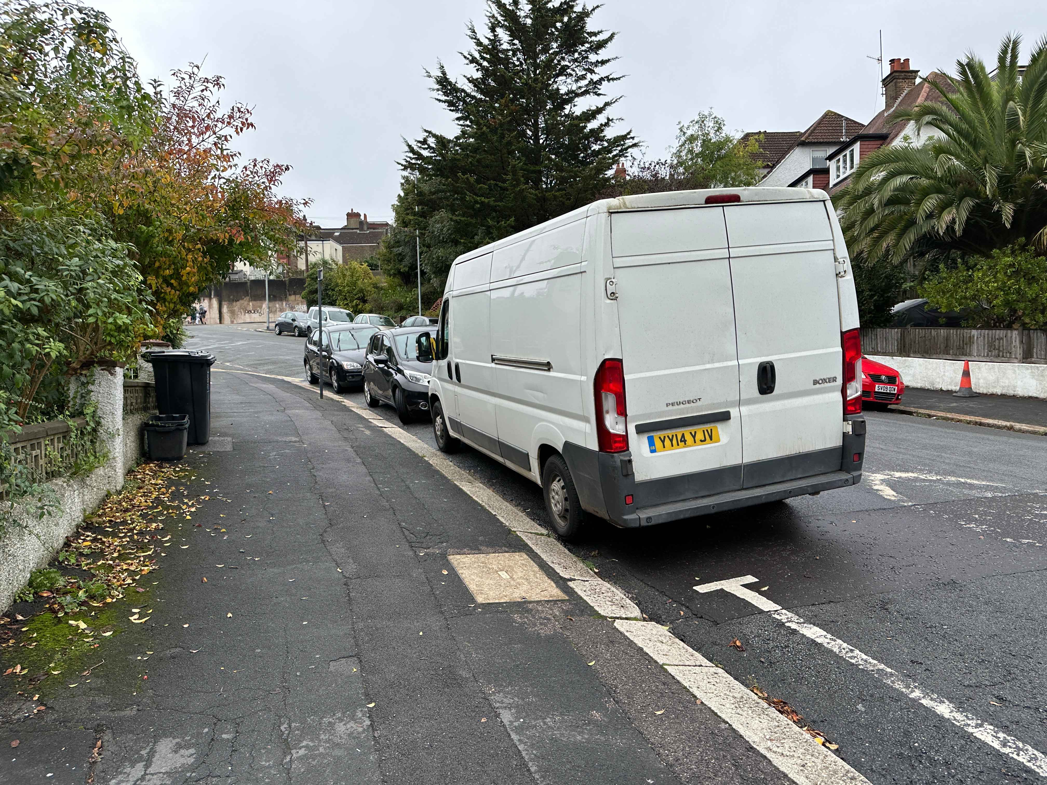 Photograph of YY14 YJV - a White Peugeot Boxer parked in Hollingdean by a non-resident. The second of three photographs supplied by the residents of Hollingdean.
