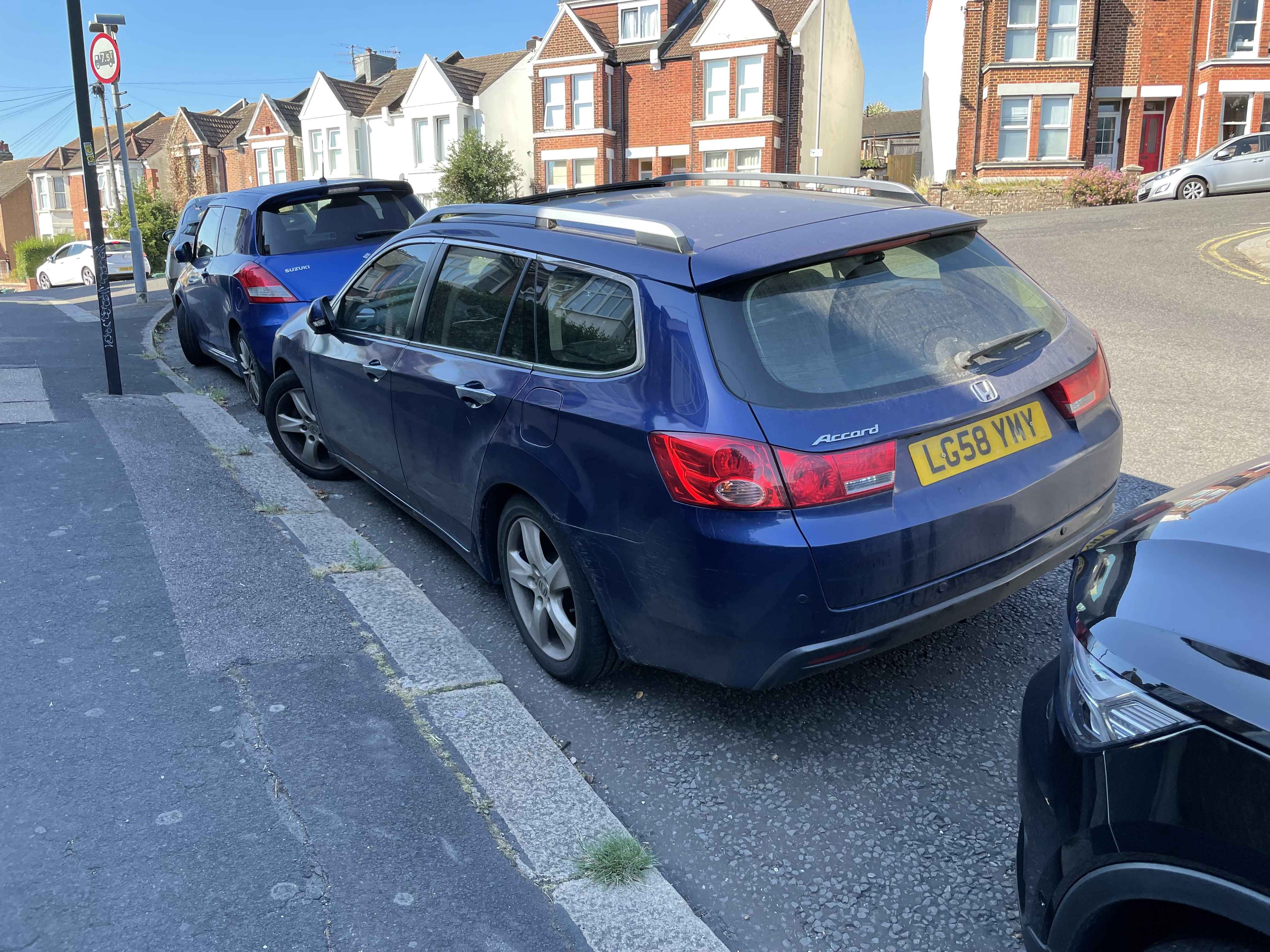 Photograph of LG58 YMY - a Blue Honda Accord parked in Hollingdean by a non-resident who uses the local area as part of their Brighton commute. The fourth of four photographs supplied by the residents of Hollingdean.