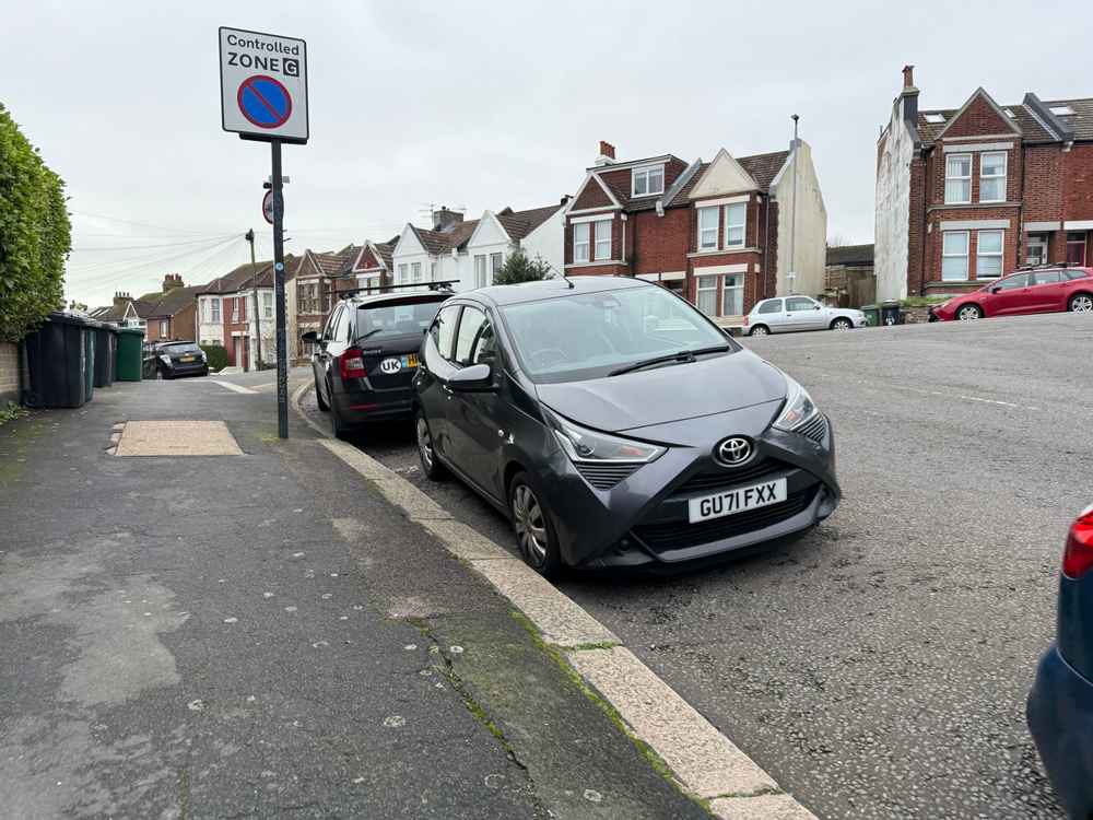 Photograph of GU71 FXX - a Grey Toyota Aygo parked in Hollingdean by a non-resident who uses the local area as part of their Brighton commute. The eighth of eight photographs supplied by the residents of Hollingdean.