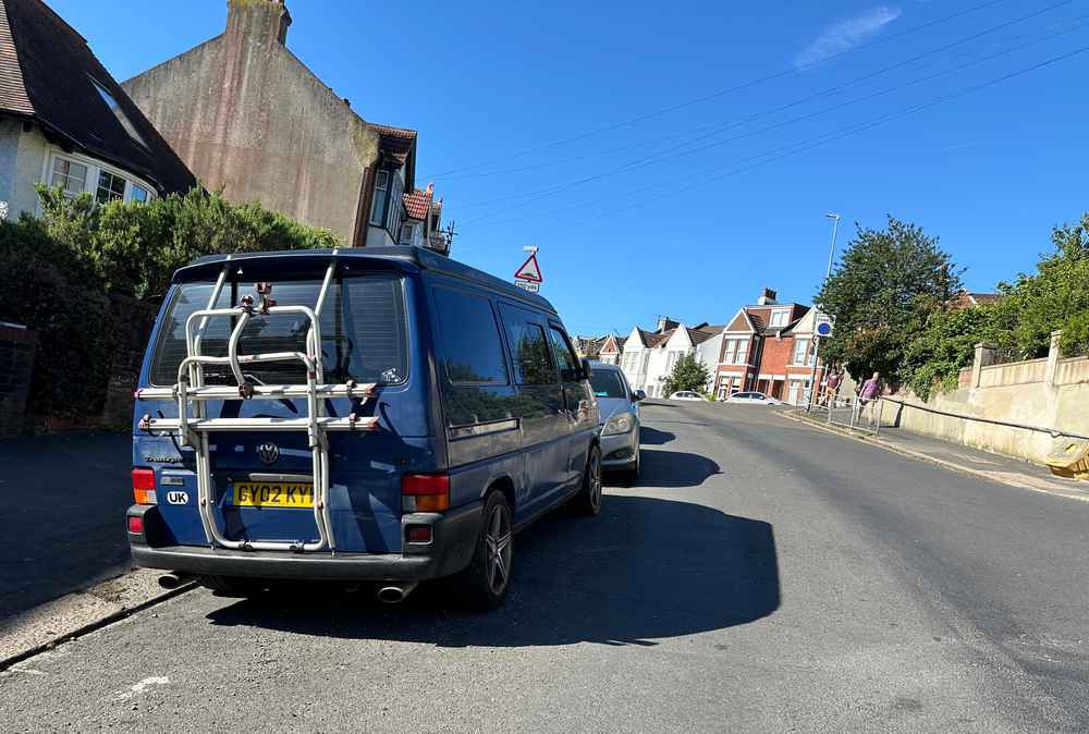 Photograph of GY02 KYW - a Blue Volkswagen Transporter camper van parked in Hollingdean by a non-resident. The twentieth of twenty-one photographs supplied by the residents of Hollingdean.
